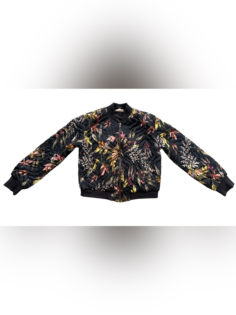 Women’s Black Floral Quilted Bomber Jacket | Size Small